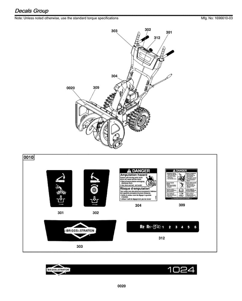 Decals Diagram and Parts List for 1696610-03  Briggs and Stratton Snow Blower